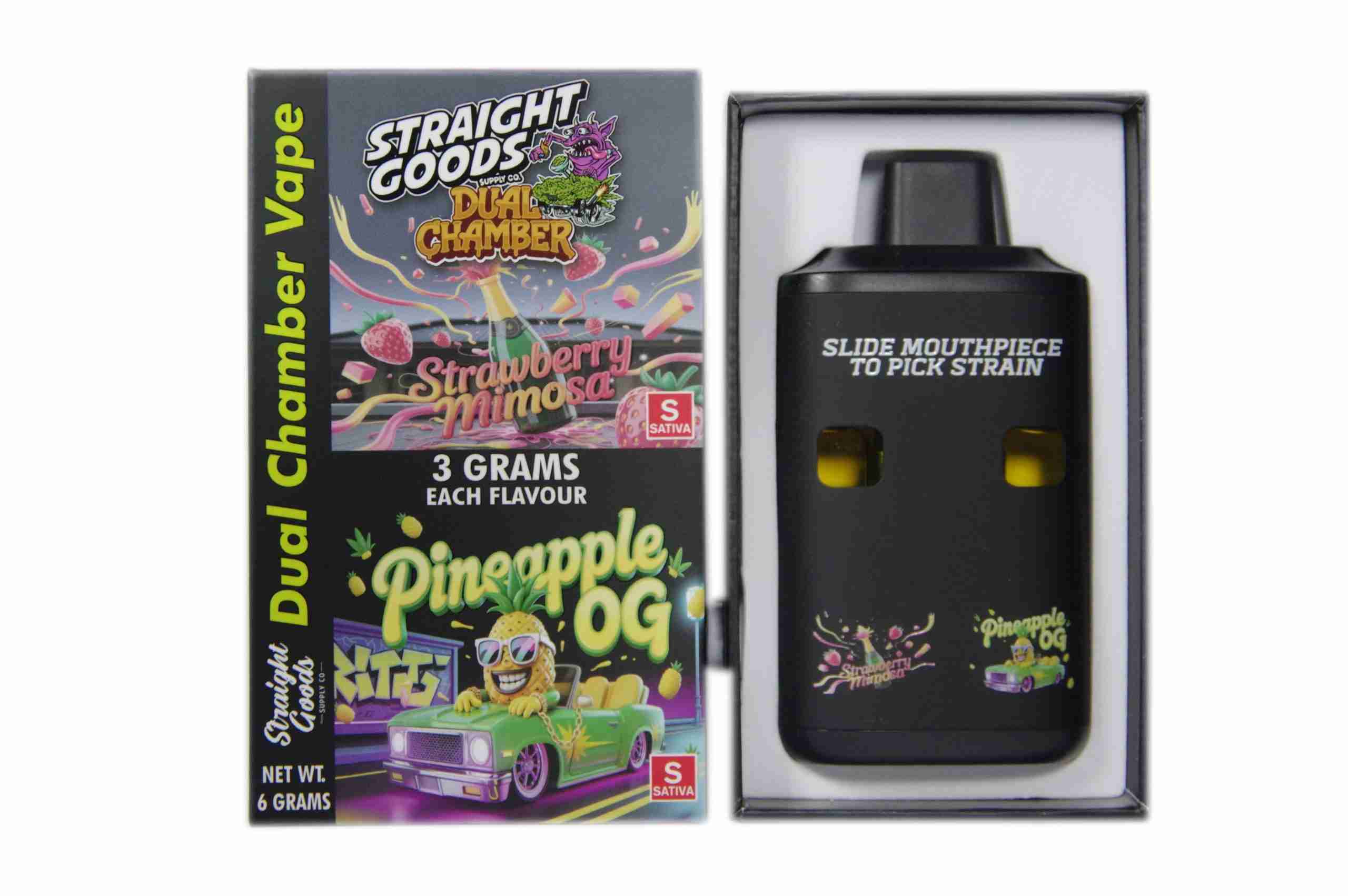 Straight Goods Dual Chamber Disposable Vapes 6G – Strawberry Mimosa / Pineapple OG 6G