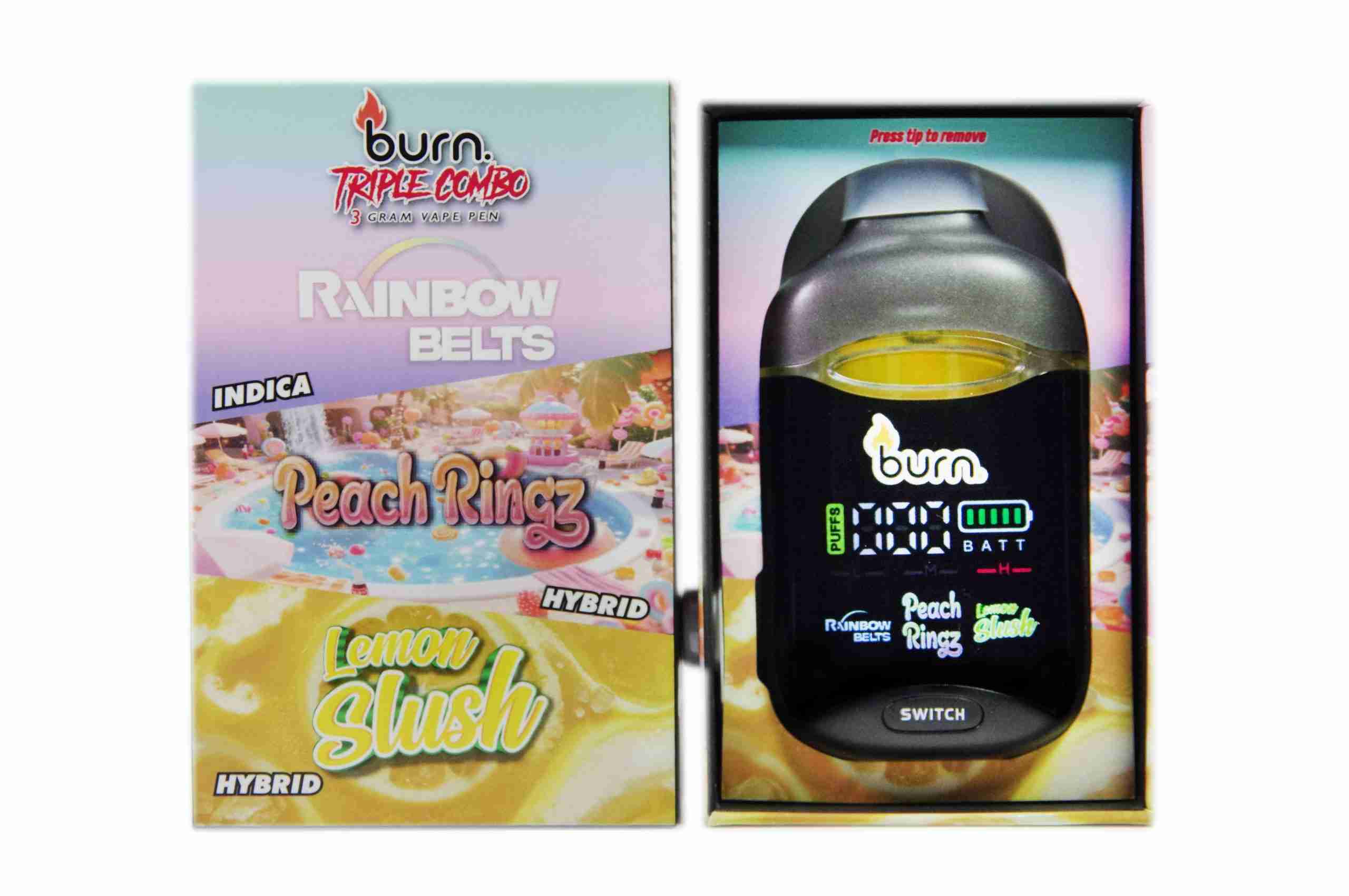 Burn Triple Threat – Rainbow Belts + Peach Ringz + Lemon Slush (3 Gram)