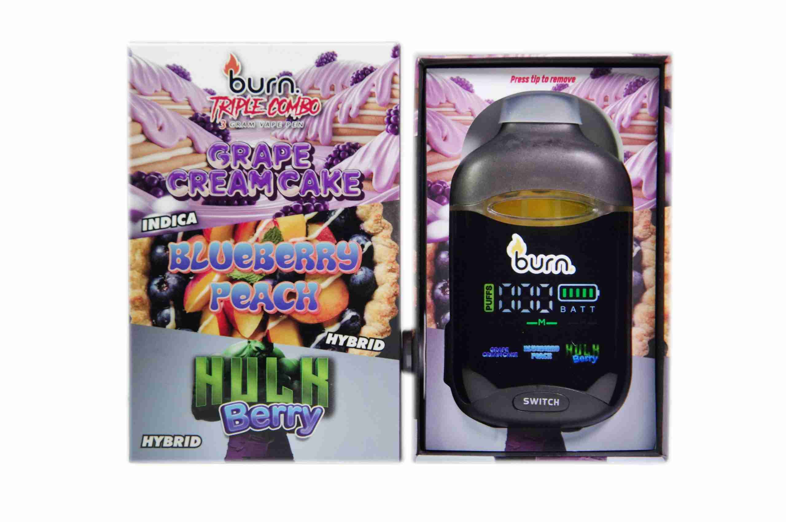 Burn Triple Threat – Grape Cream Cake + Blueberry Peach + Hulk Berry (3 Gram)
